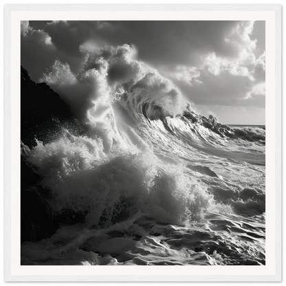 Powerful ocean wave crashing against rocks in Sublime Crest Odyssey framed wall art