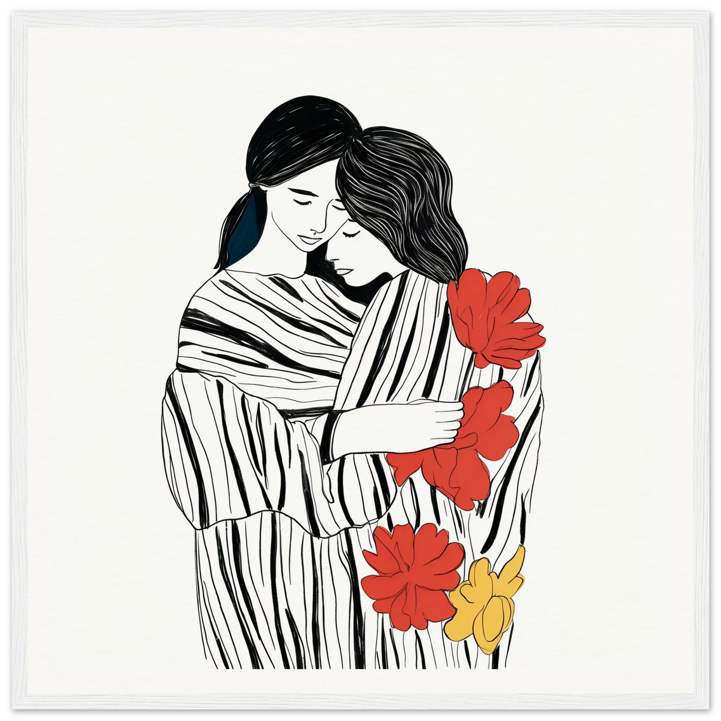 Line drawing of a couple embracing, featuring red and yellow flowers, Tender Embrace Symphony