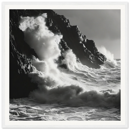 Powerful ocean waves crash on cliffs in Tidal Unfurl Dance framed wall art