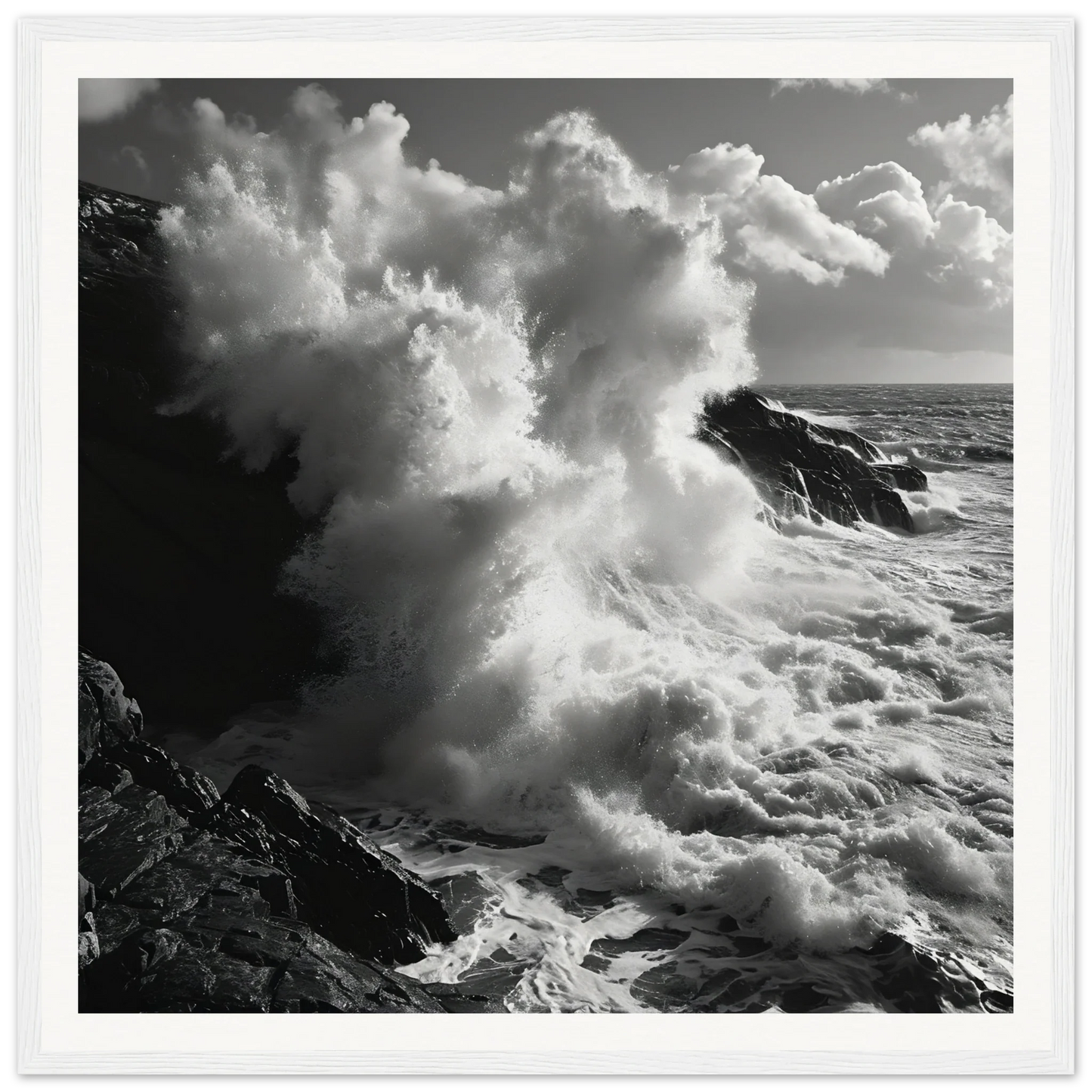 A powerful ocean wave crashes on cliffs in Tide’s Judgement Hour premium framed art