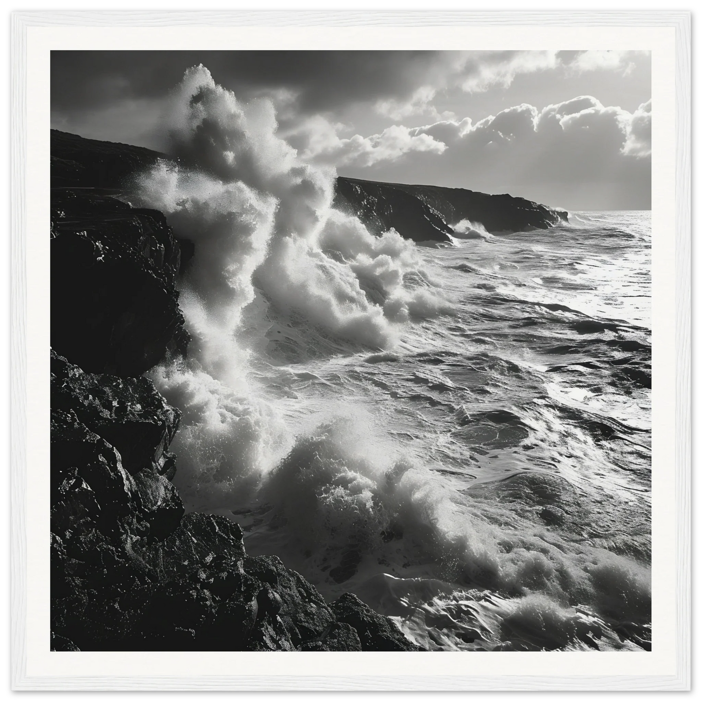 Powerful ocean waves crash on rocky cliffs in Tide’s Tumult Saga premium framed art