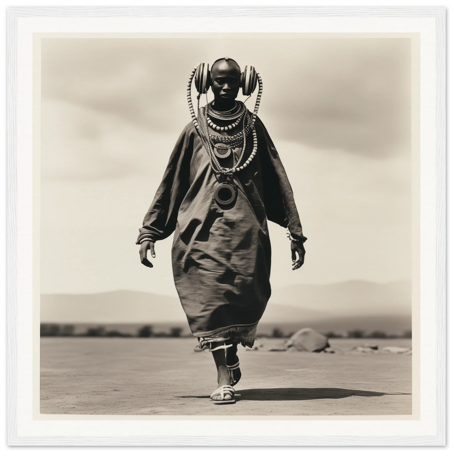 Black and white photo of an African figure in ceremonial attire for Timeless Tribal Steps