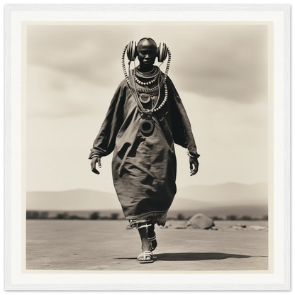 Black and white photo of an African figure in ceremonial attire for Timeless Tribal Steps