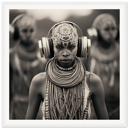 Tribal member rocking traditional style with necklaces, face paint, and modern headphones in Tribal Signal Symphony