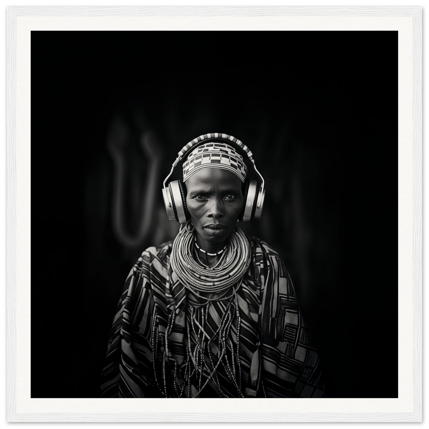 Person in traditional African attire with modern headphones for Tribal Why-Fi special edition art™