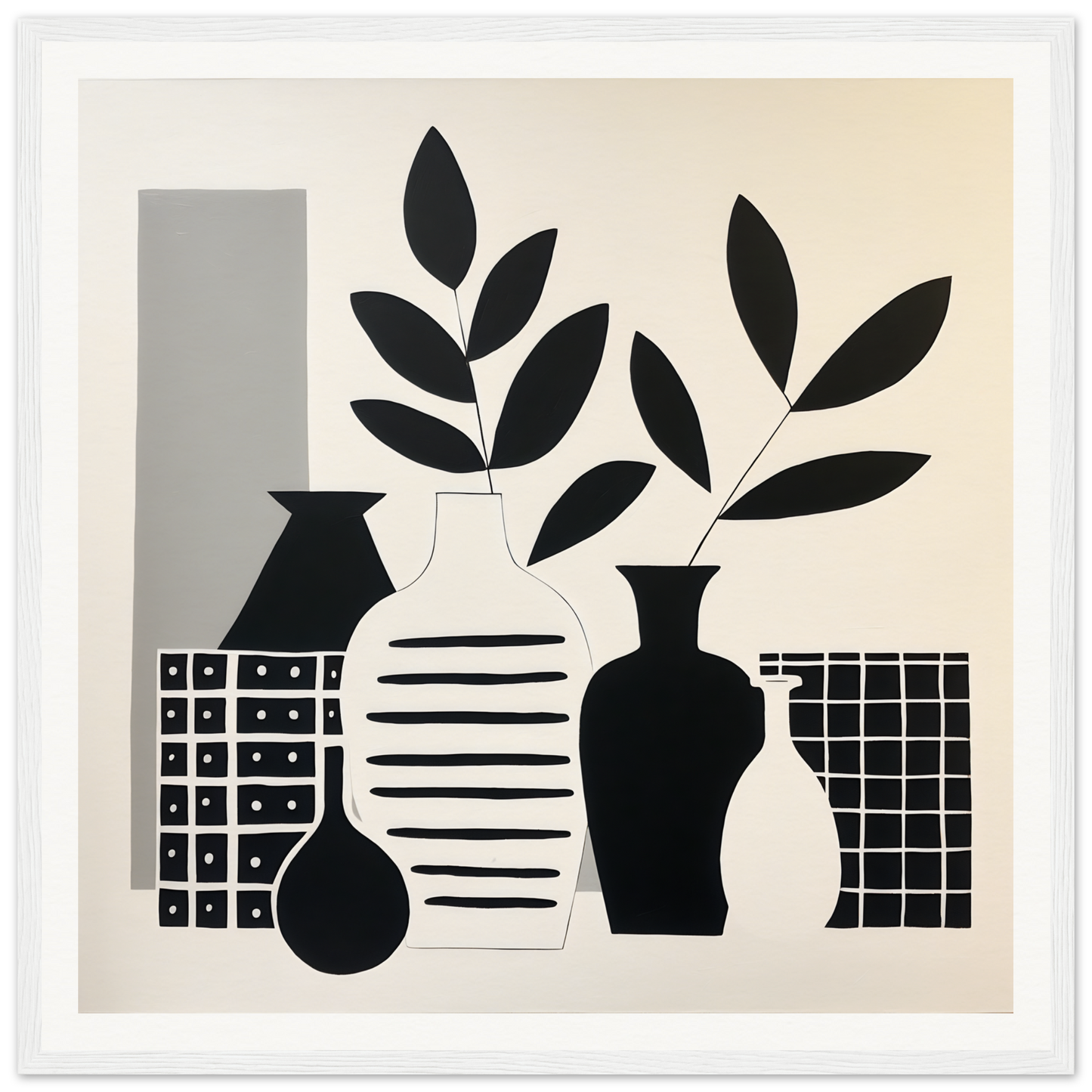 Black and white minimalist still life of Vase Symphony Zen with leaves and patterns