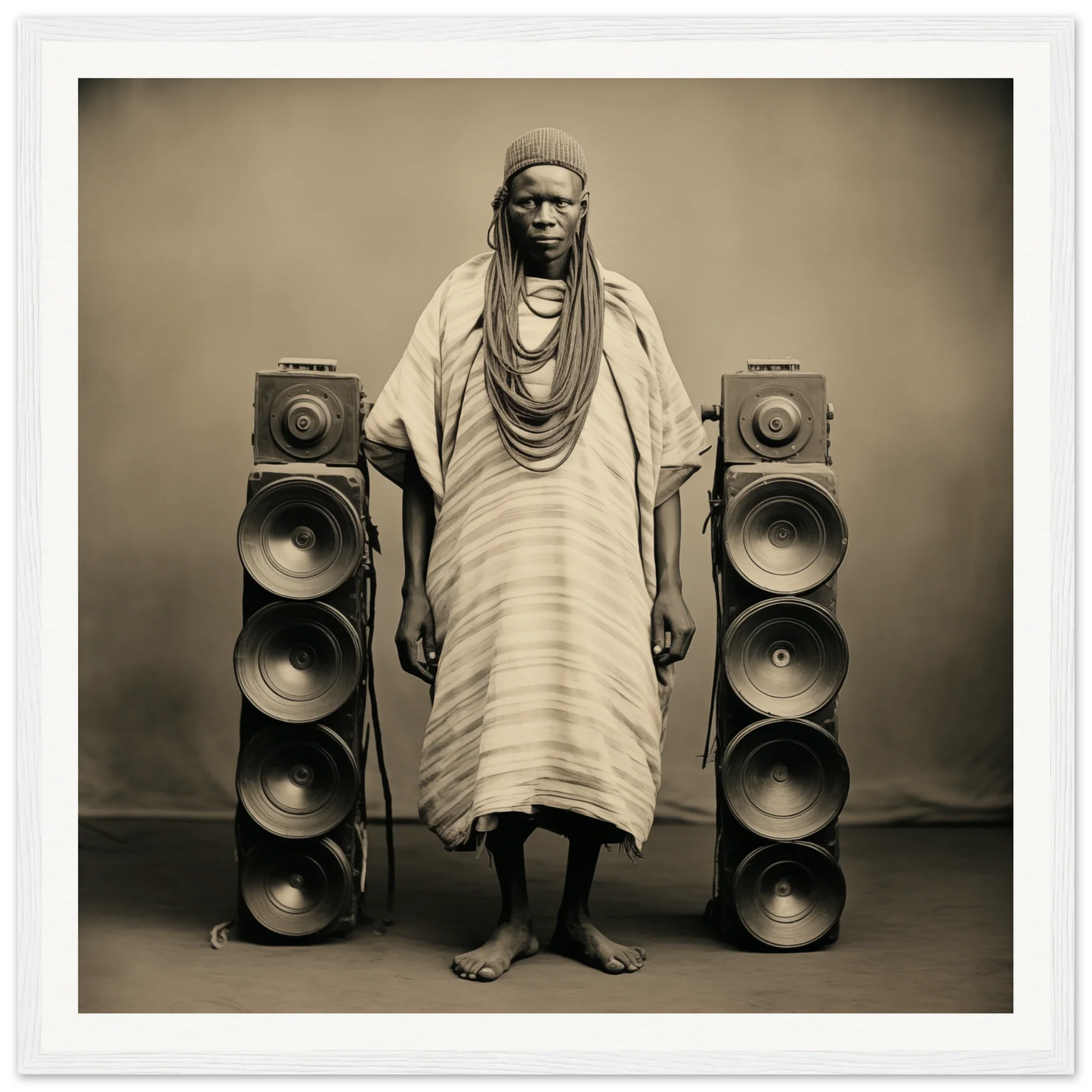 Person in traditional African robes stands by speaker stacks for Voices Amid Pixels special edition art™