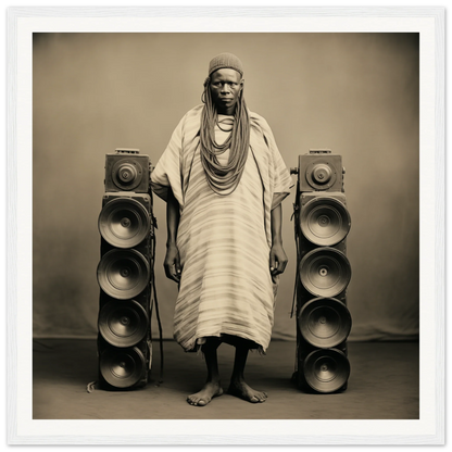 Person in traditional African robes stands by speaker stacks for Voices Amid Pixels special edition art™