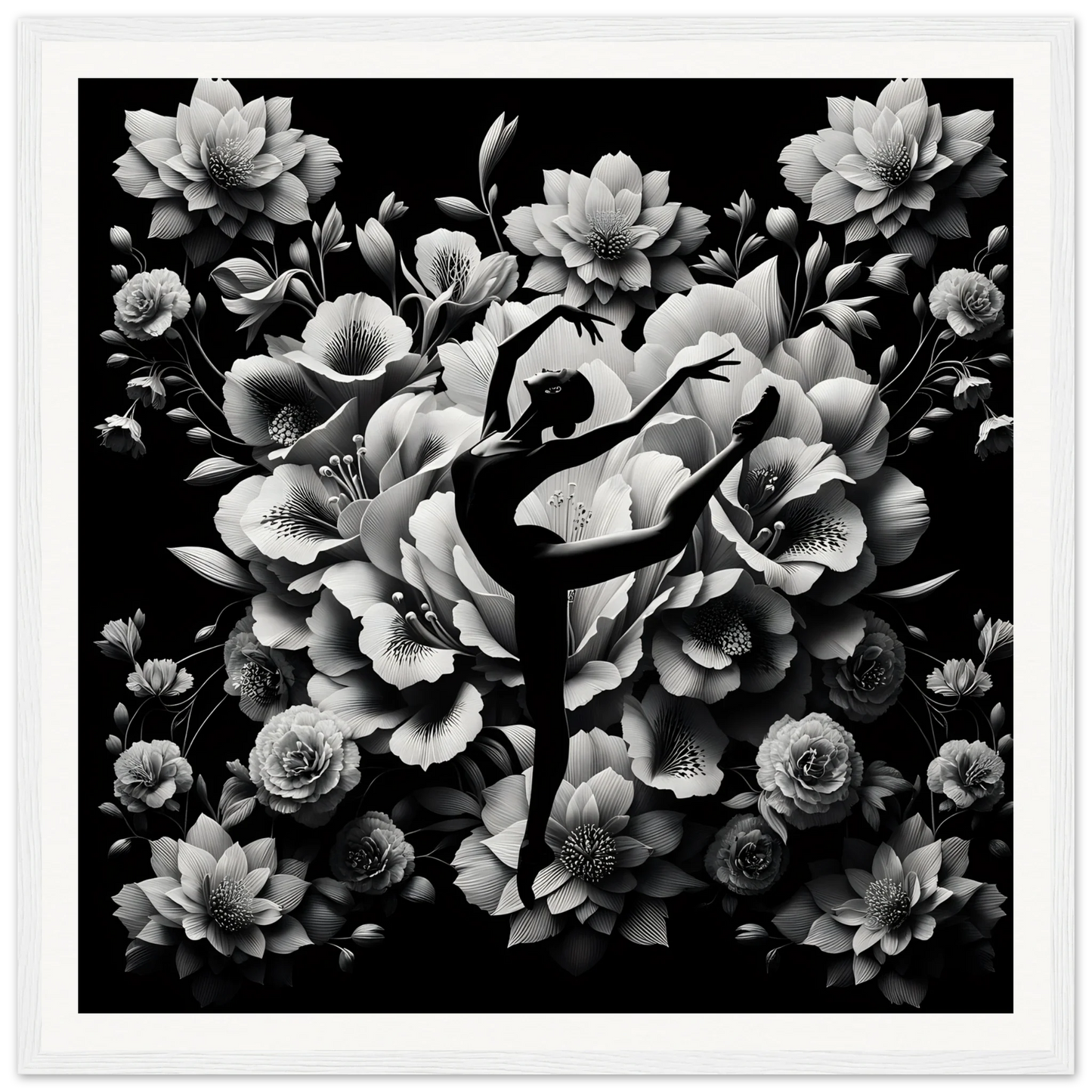 Silhouette of a ballet dancer against blooms, perfect for Waltzing Bloom Synthesis framed posters