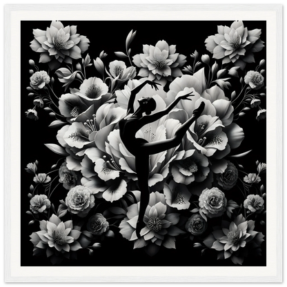 Silhouette of a ballet dancer against blooms, perfect for Waltzing Bloom Synthesis framed posters