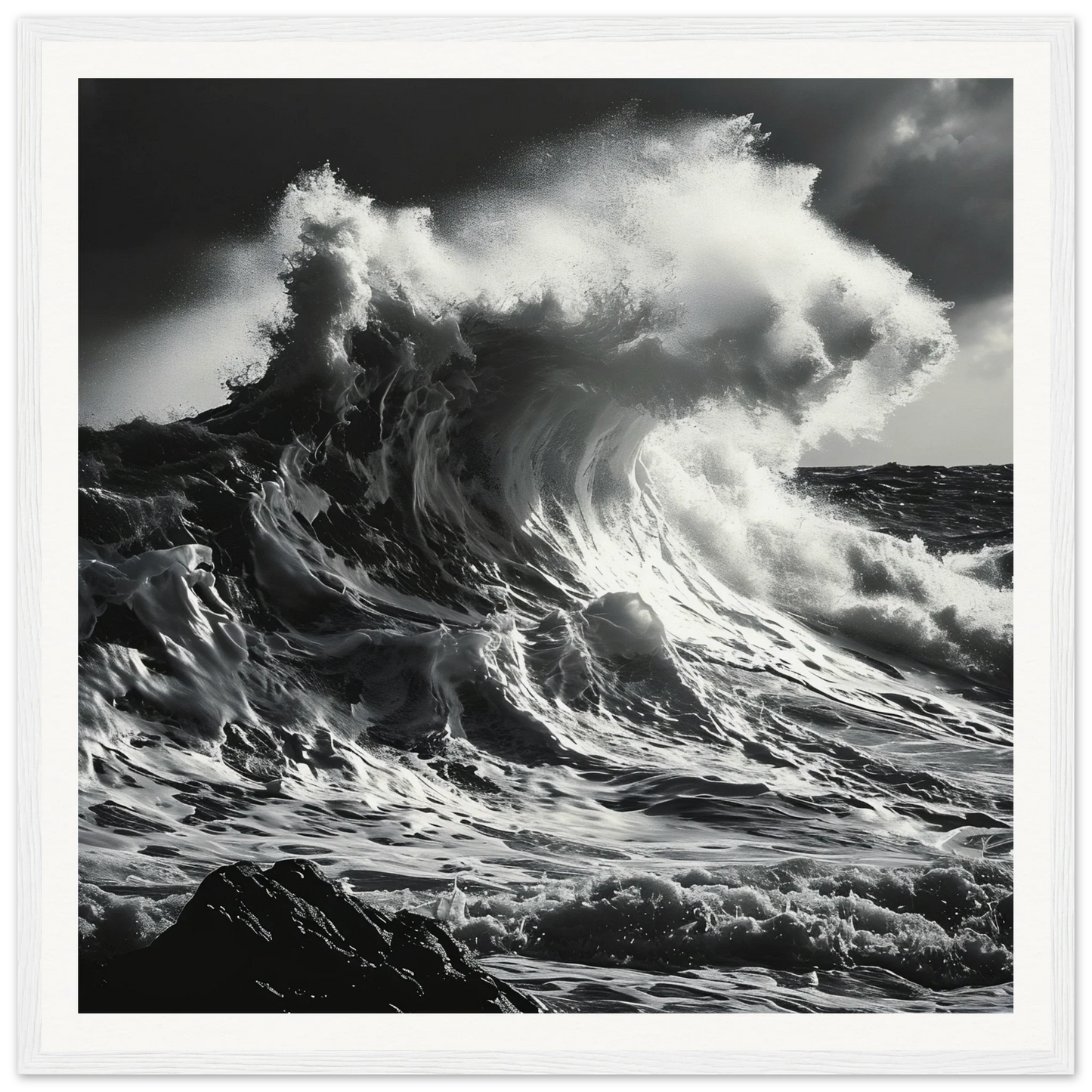 Ocean wave crashing in the Wave’s Fury Howl framed wall art, showcasing nature’s power