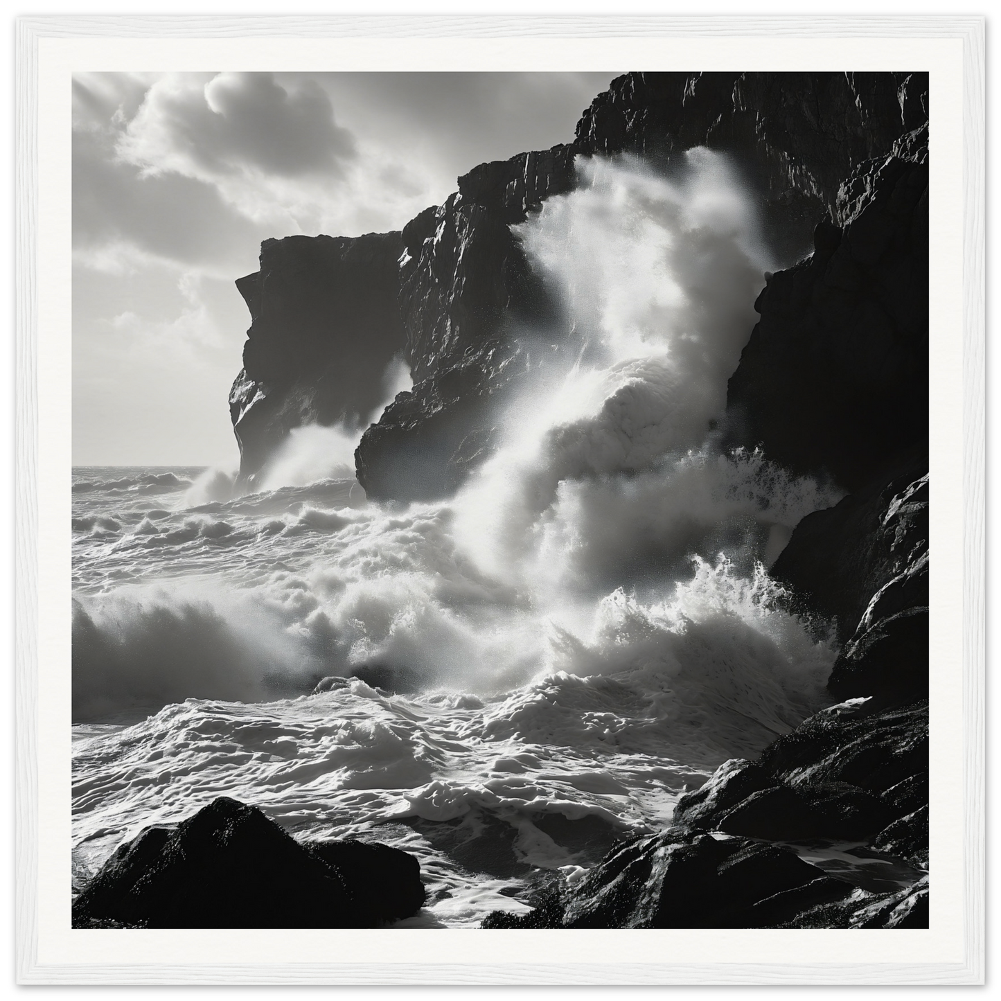 Dramatic black and white waves crashing on cliffs in Waves Wild Gambit framed wall art