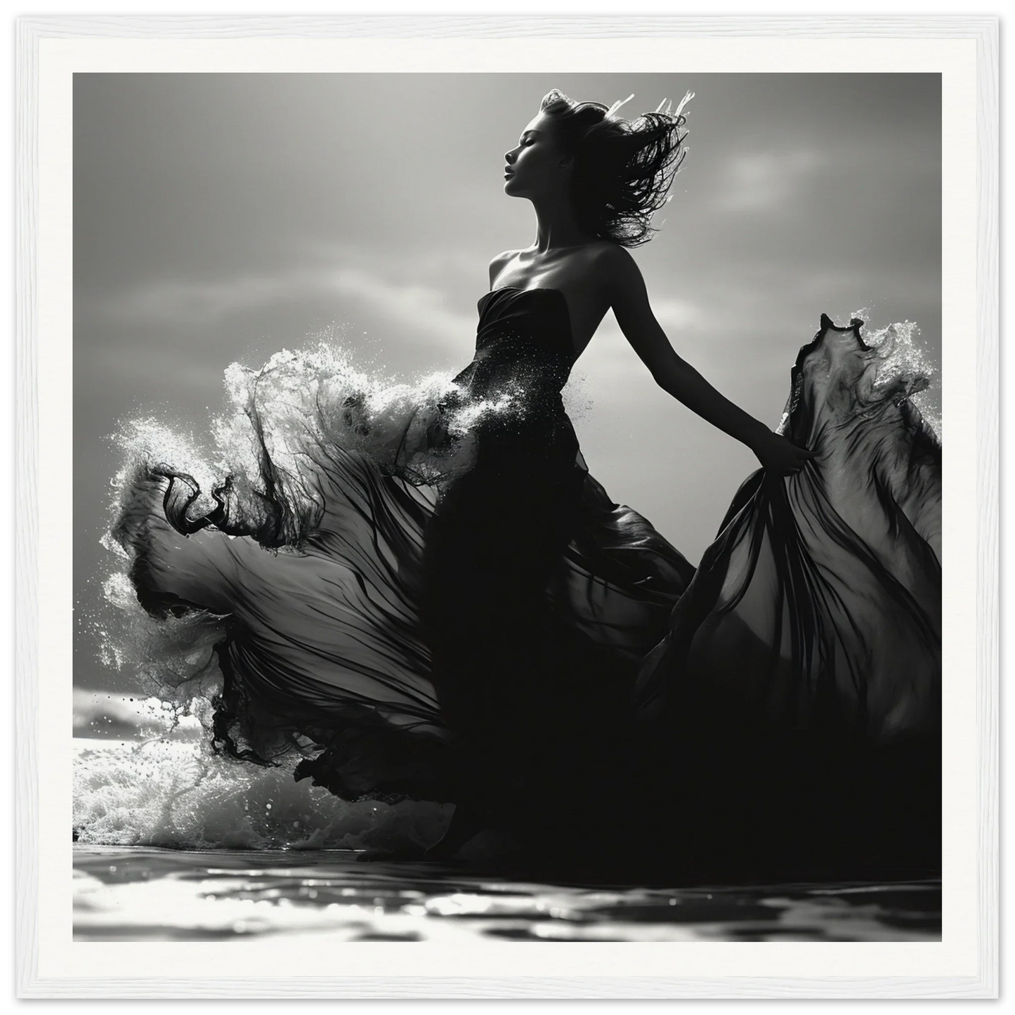 A silhouetted figure dances in a flowing black dress, showcasing Wavewoven Elegance Manifestation