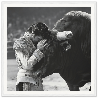 Matador in ornate uniform pressing head against bull, featured in Whispers of Confrontation