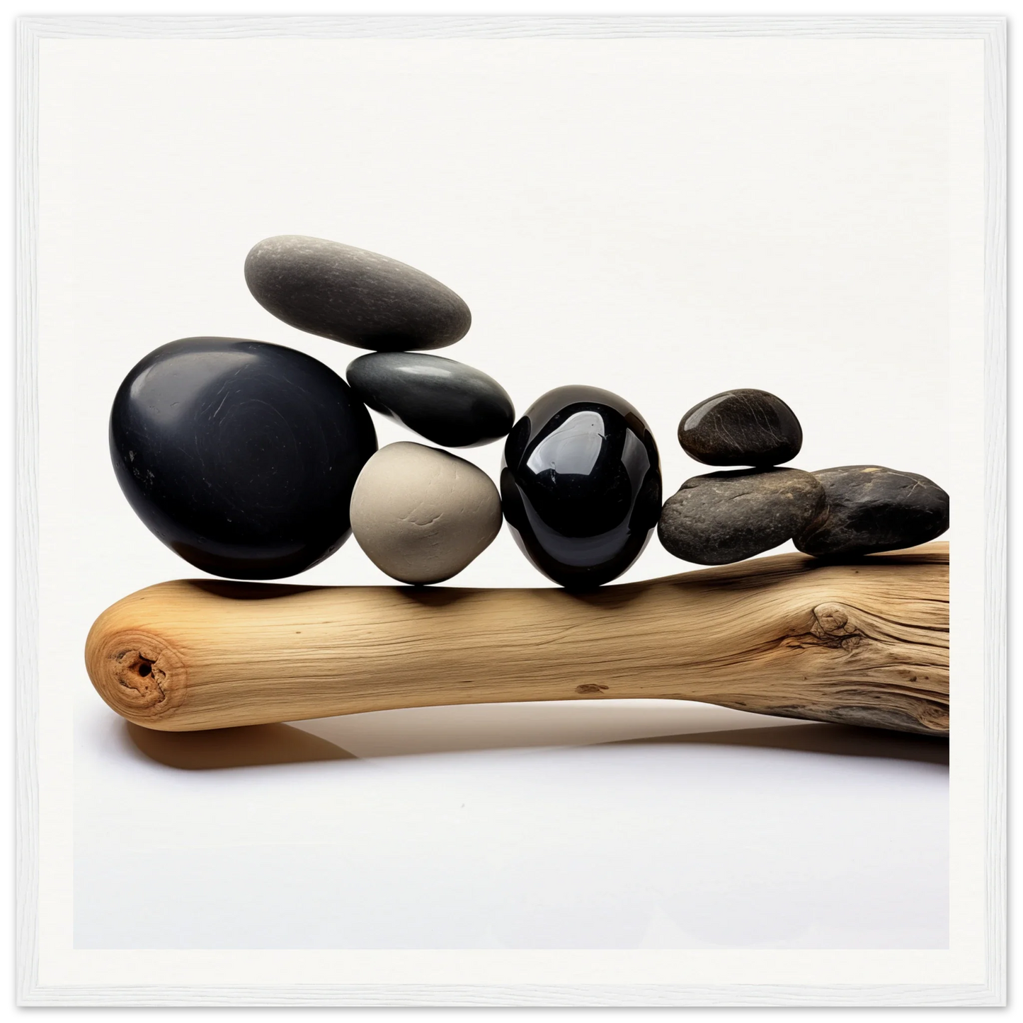 Zen Balance Riffs featuring smooth river rocks on driftwood for a calming decor