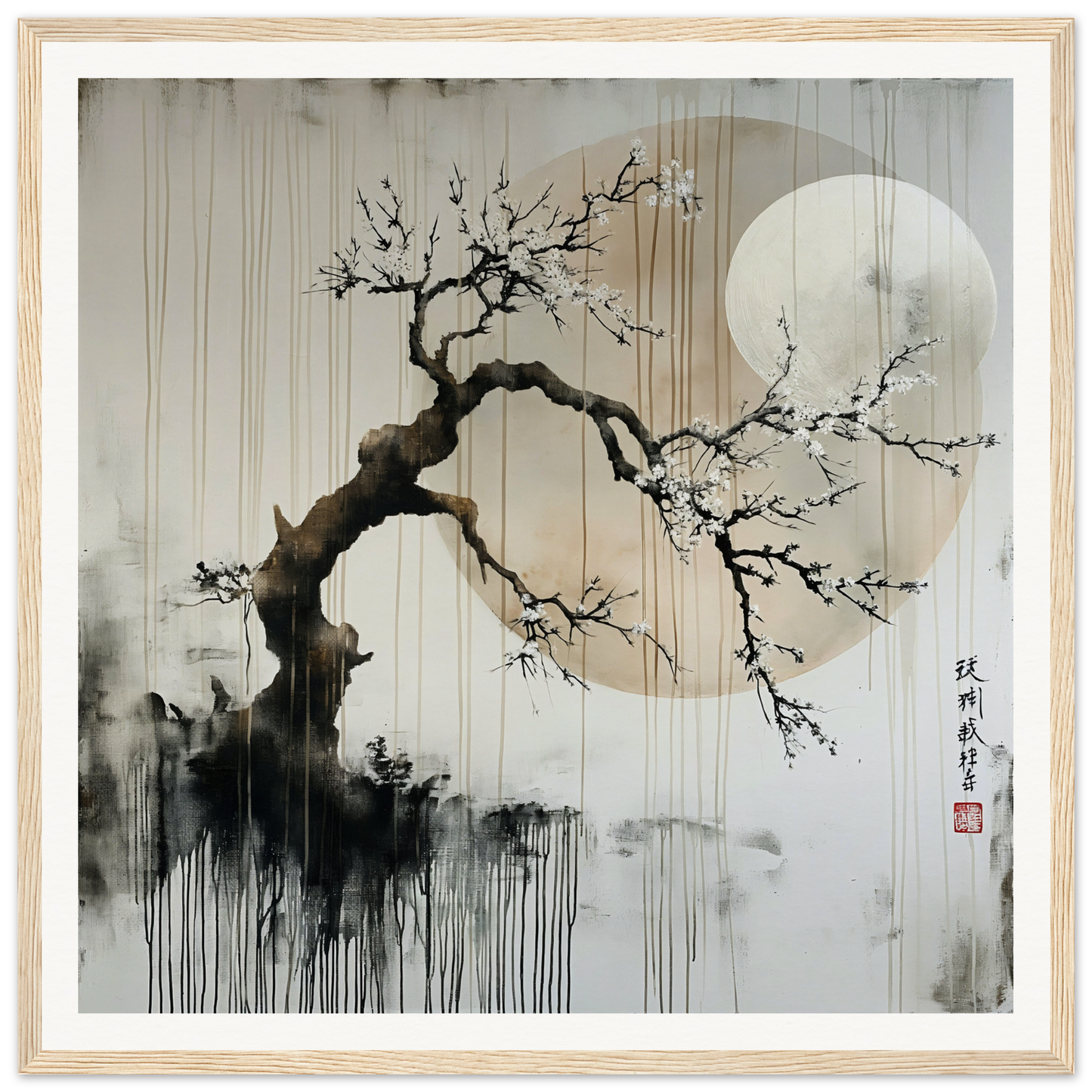 Twisted plum blossom branch with white flowers in Blossoms’ Cosmic Serenade art