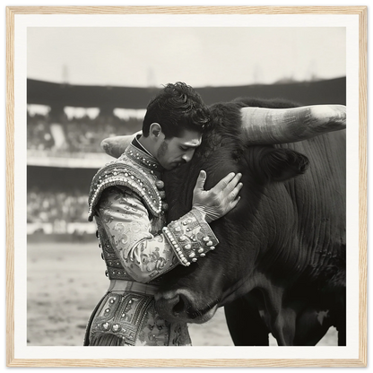 A matador in an embroidered suit embraces a bull’s head in Bovine-passo Solo art