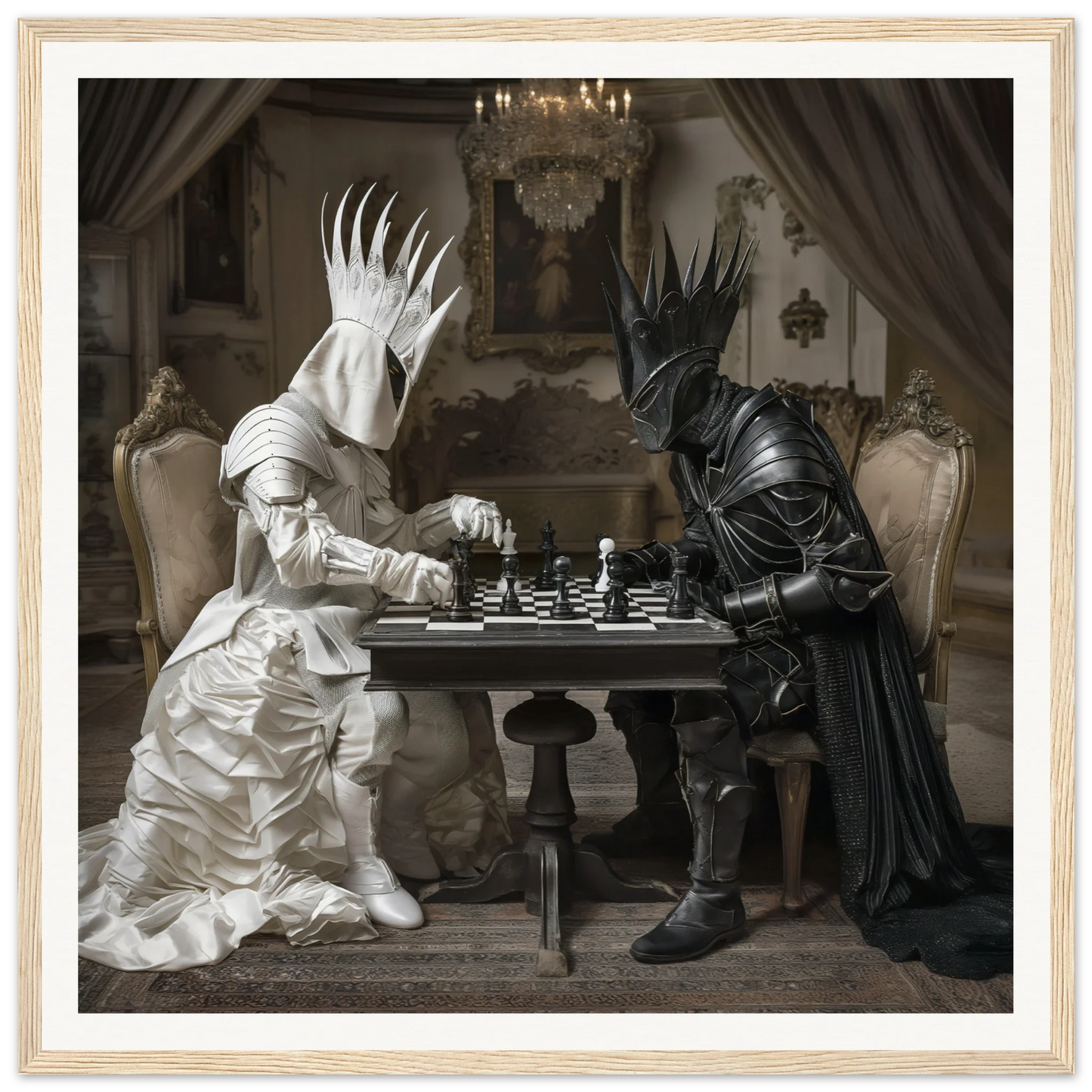 Two fantasy figures in costumes playing chess at a table from Celestial Chess Nexus