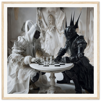 Two figures in white and black armor playing chess in Chess Duality Dance artwork