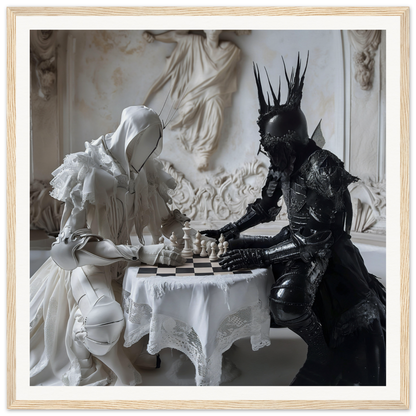 Two armored figures playing chess at a lace table in Chess Rhapsody Duality artwork