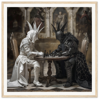 Two costumed figures in rabbit masks playing chess on a special edition Chessboard Waltz