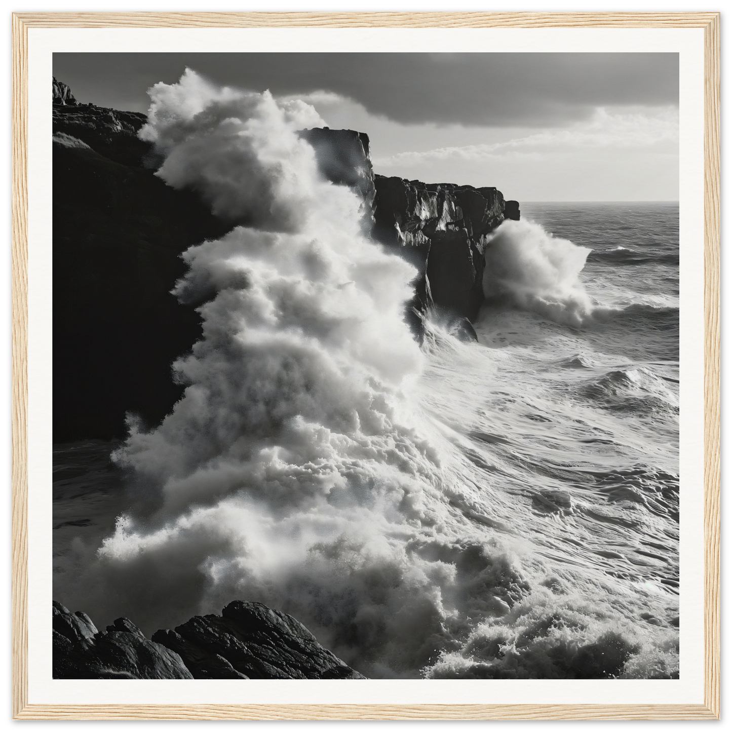 Dramatic ocean waves crash on cliffs, perfect for your Cliffs’ Chaotic Ballet display