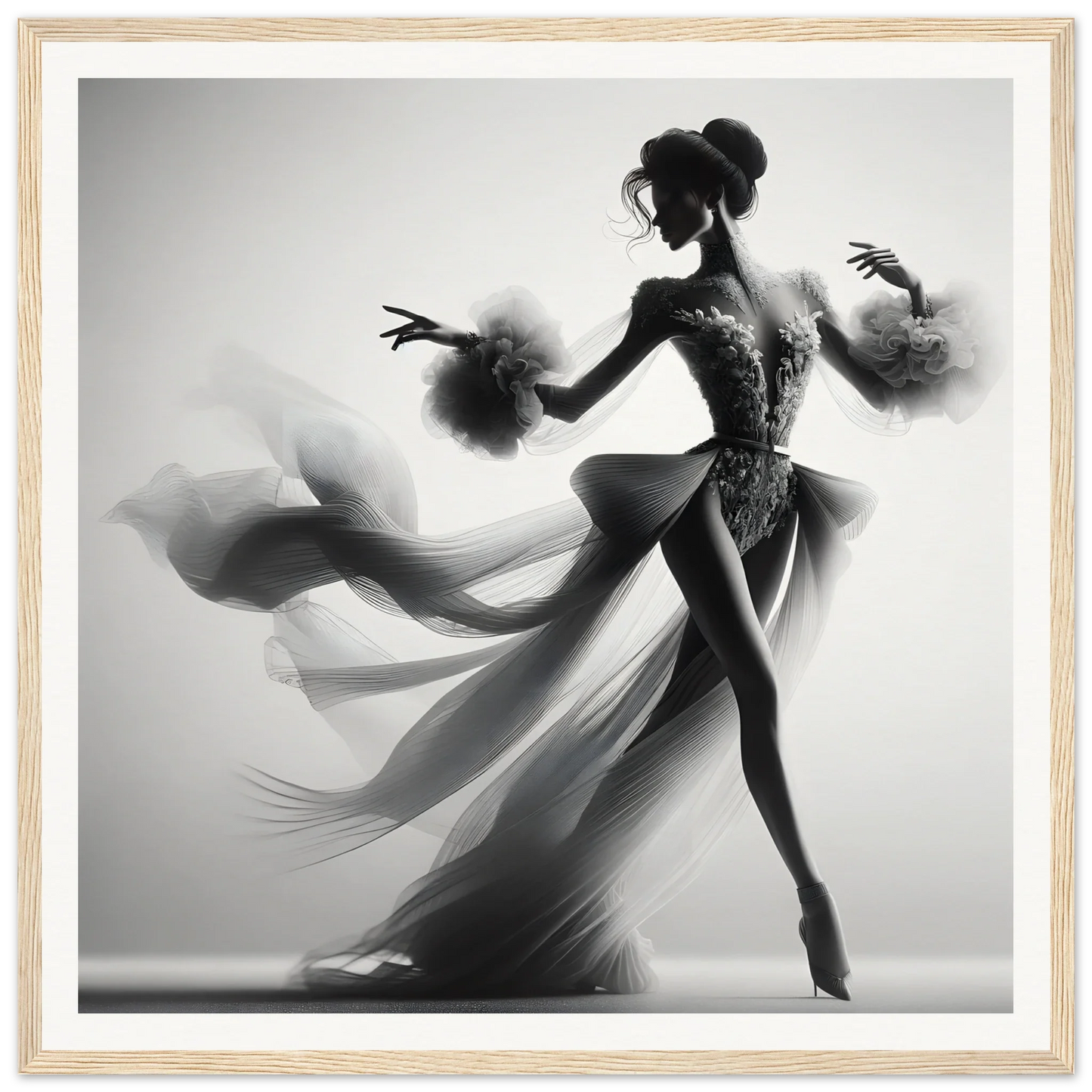 Silhouetted dancer in a flowing dress poses elegantly in Dancing Lightstreams Afloat artwork