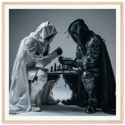 Two hooded figures in white and black robes play chess in Duality Chess Dreamscape