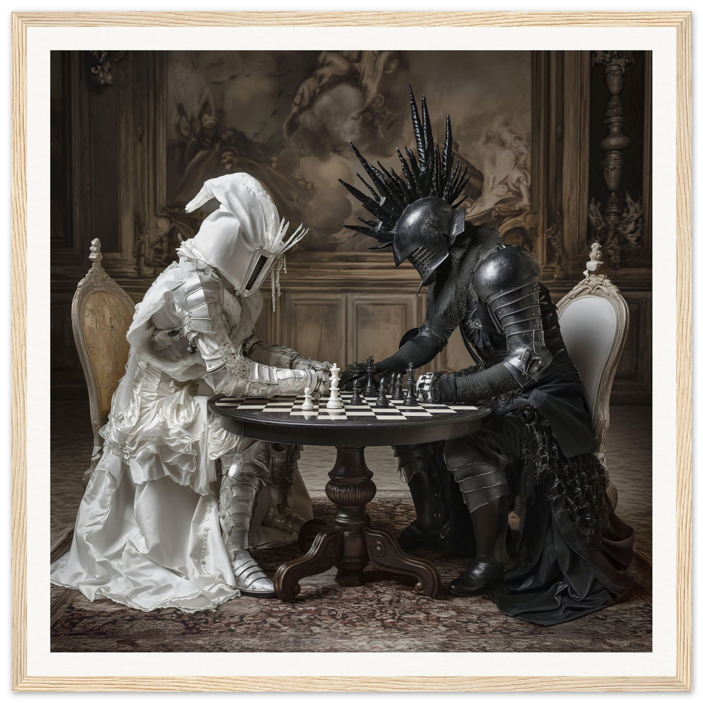 Two intricately dressed figures in black and white playing chess for Duelling Nightmares’ Vision