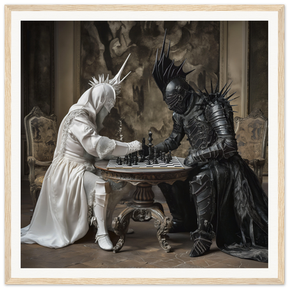 Two armored figures engage in an Elegant Chess Duel at a fancy table, framed wall art