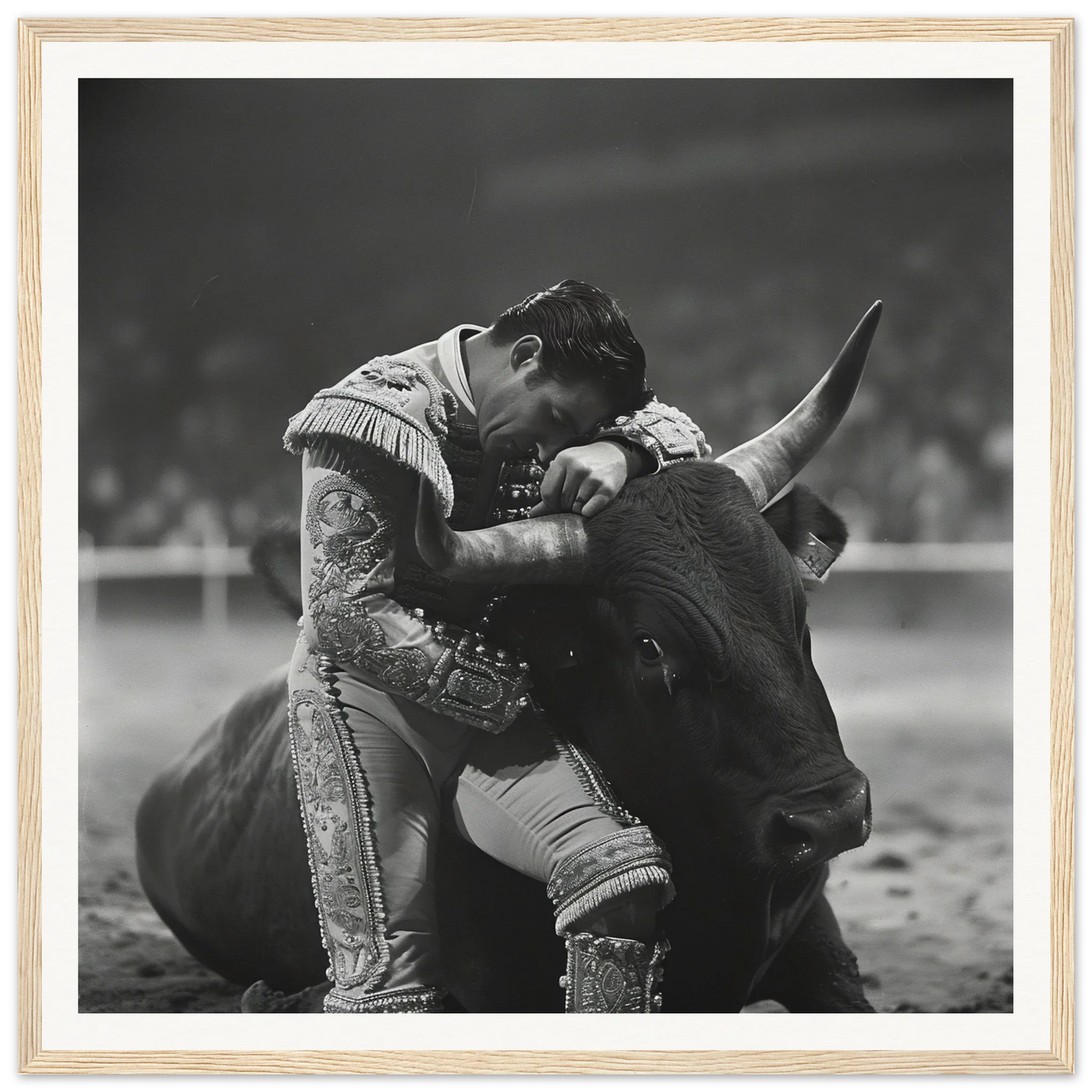 Dramatic black and white matador vs. bull photo for framed wall art in Embrace of Epiphanies