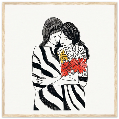 Line drawing of two people embracing with floral overlay from Embrace Florid Flicker art