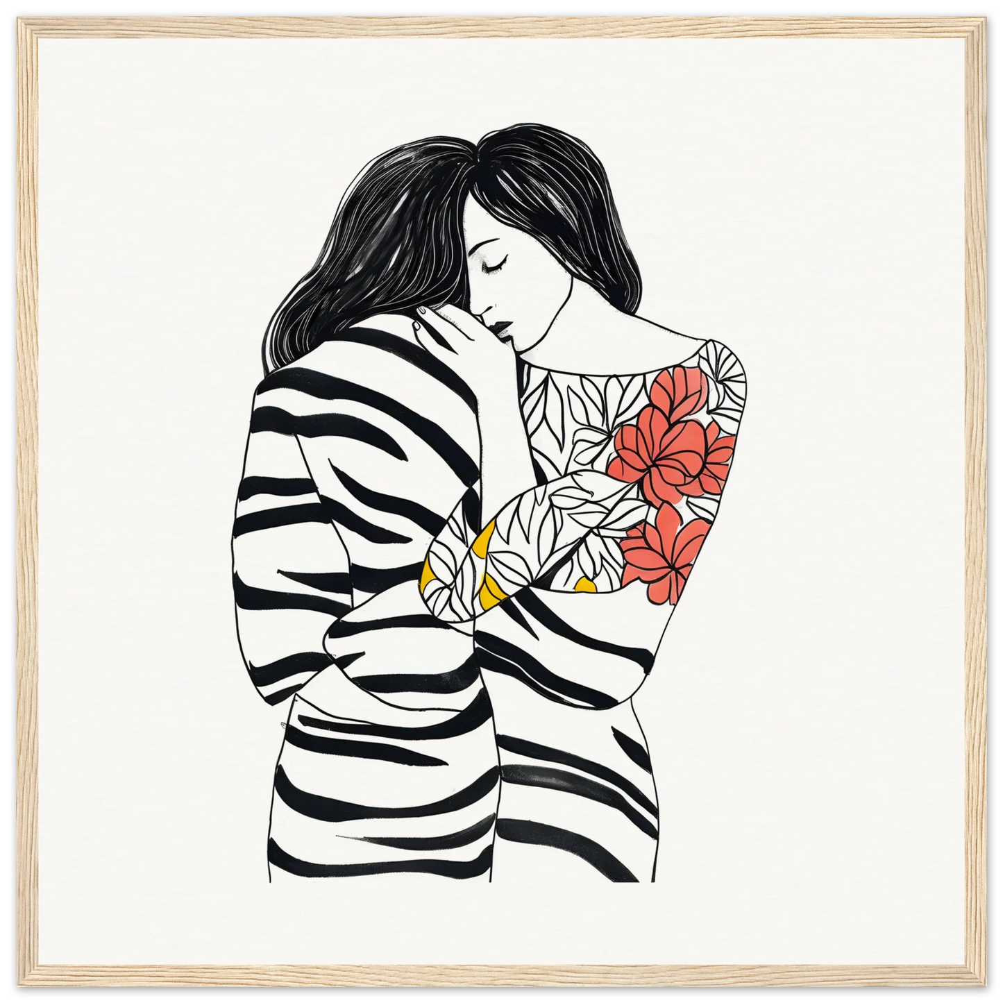 Line drawing of an embrace with stripes and flowers in Etched Embrace Harmony art