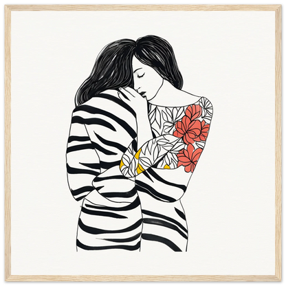 Line drawing of an embrace with stripes and flowers in Etched Embrace Harmony art