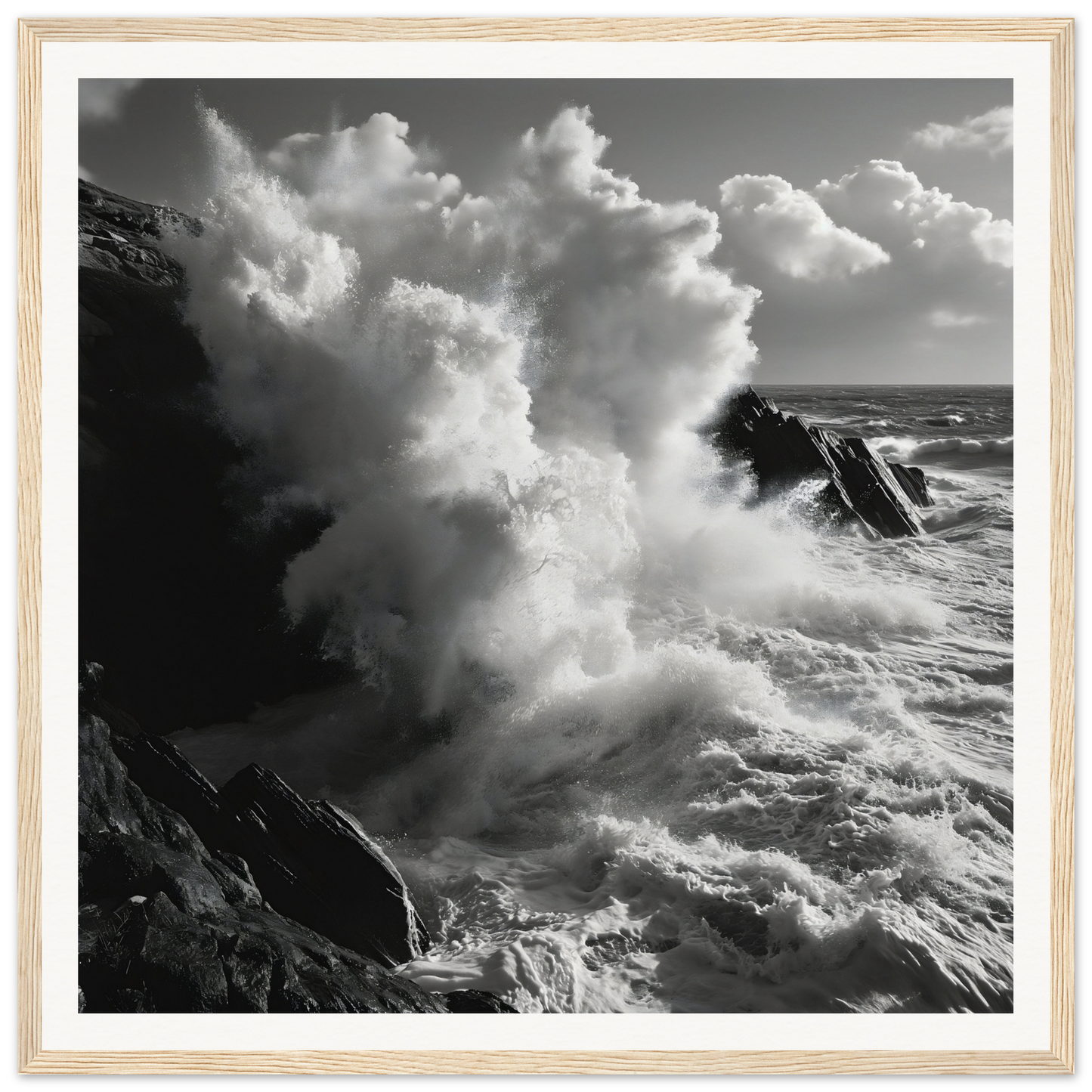 Vibrant ocean waves crashing on cliffs in an Eternal Splash Ecstasy framed art piece