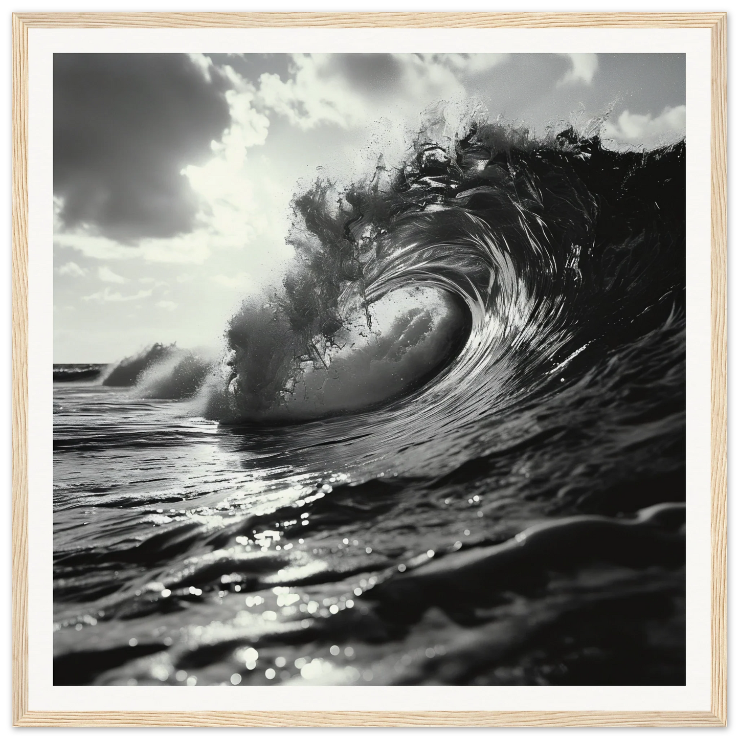 Black and white curling ocean wave in Eternal Wave Symphony framed poster