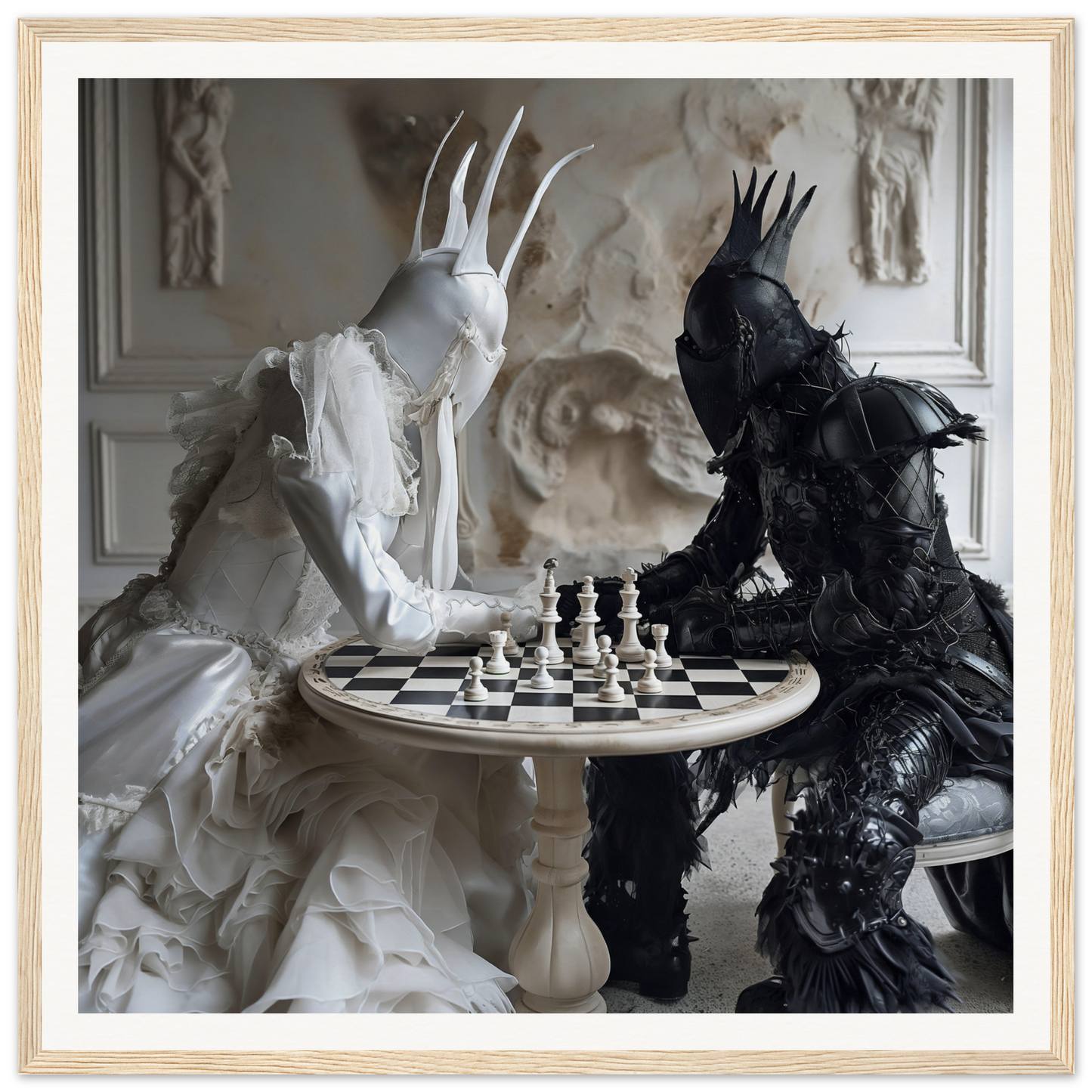 Two ornate figures in black and white playing chess in Ethereal Minds’ Duel artwork