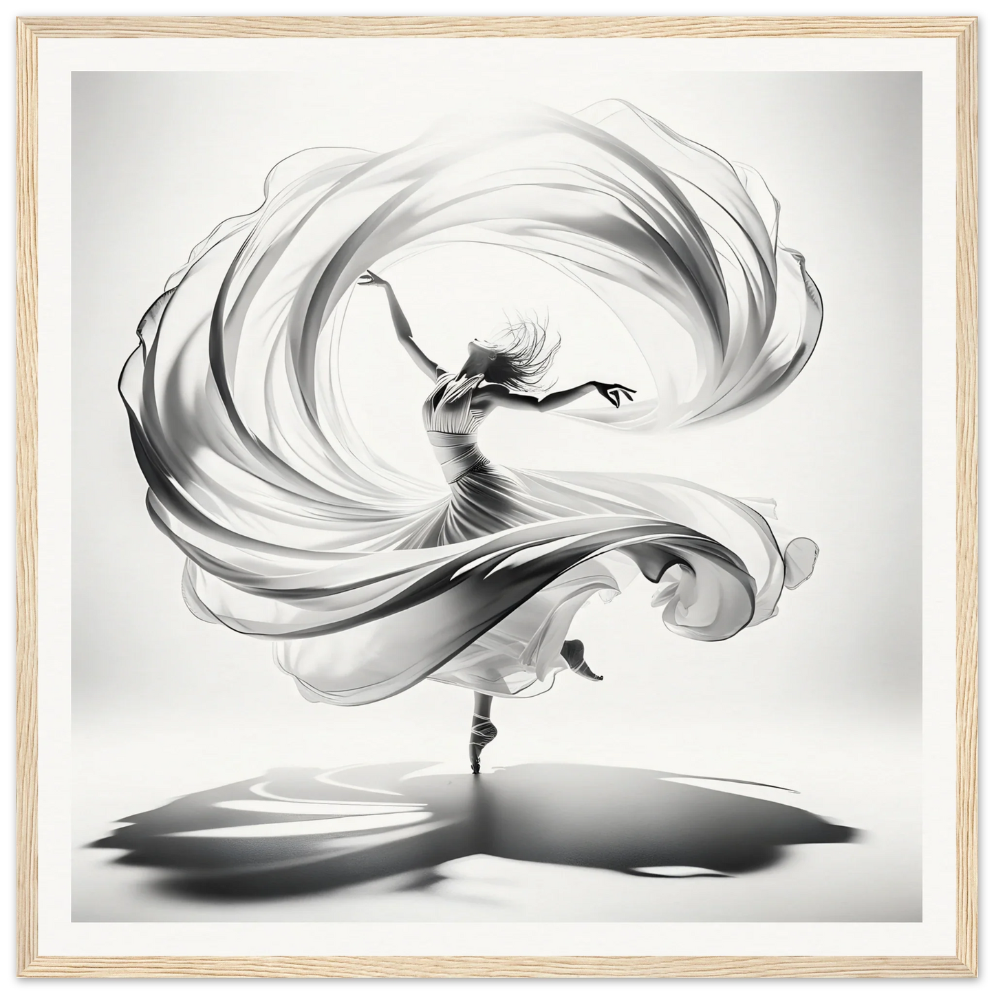 Dancer in flowing fabric spins gracefully in Ethereal Vortex Symphony framed poster