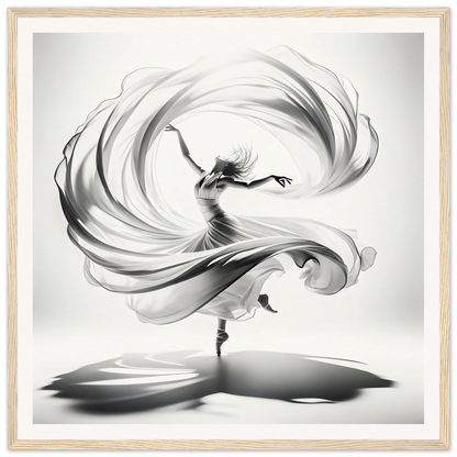 Dancer in flowing fabric spins gracefully in Ethereal Vortex Symphony framed poster