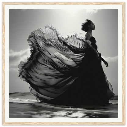 Silhouetted figure in a flowing dress showcasing Ethereal Wave Serenade in the wind