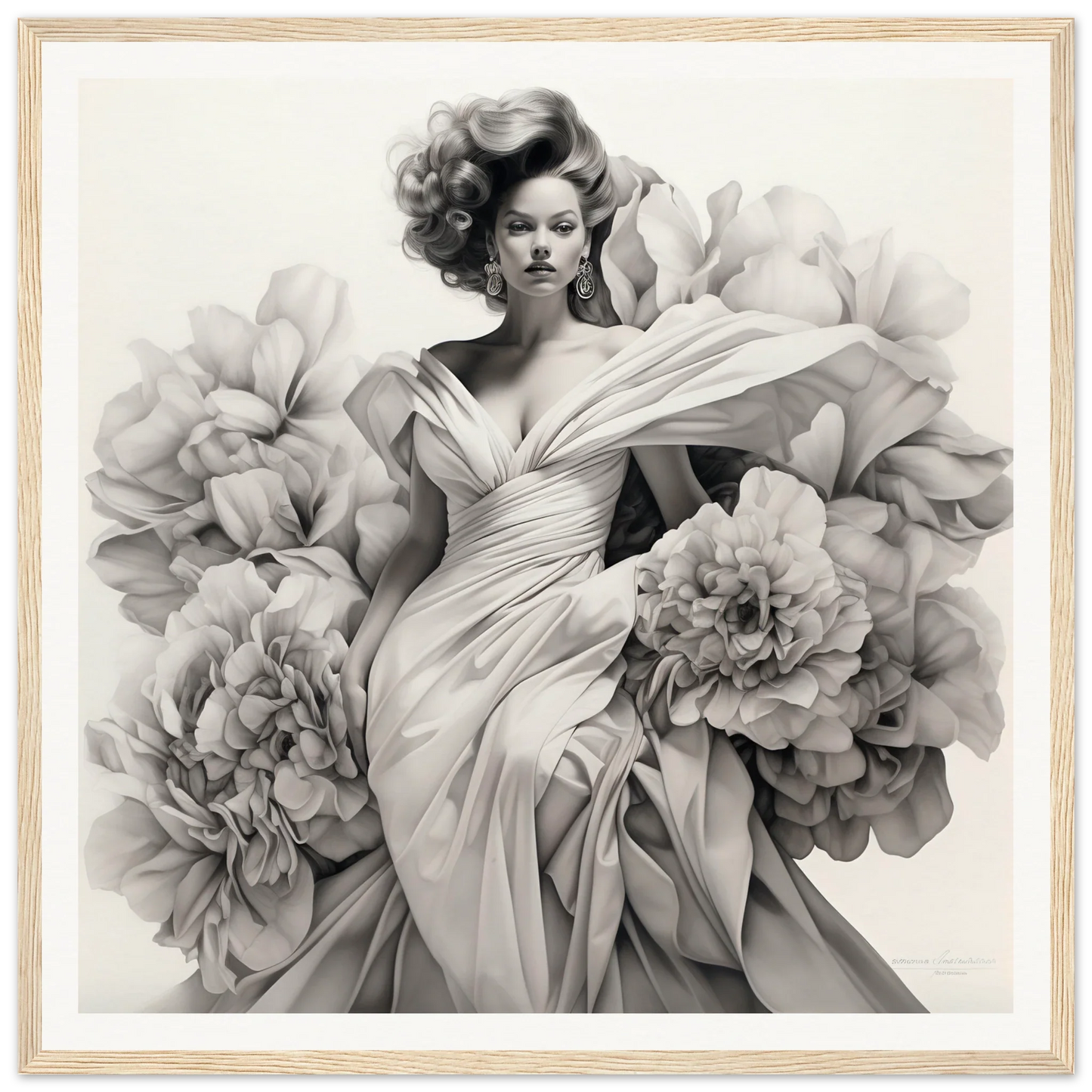 Elegant black and white gown enveloped blossoms with blooming peonies in special edition art™