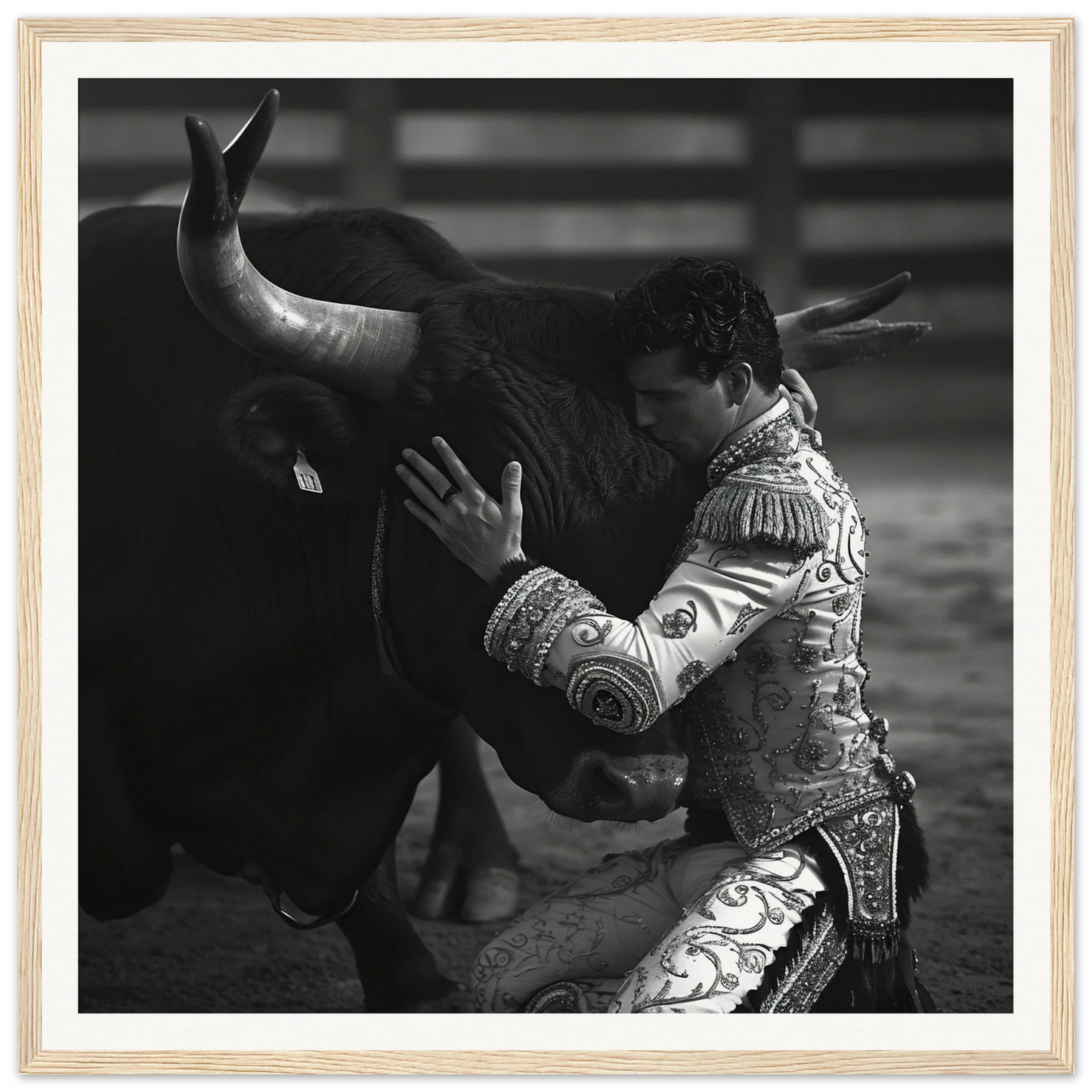 Matador in ornate suit grappling with bull in Harmonious Grief Dance framed special edition art