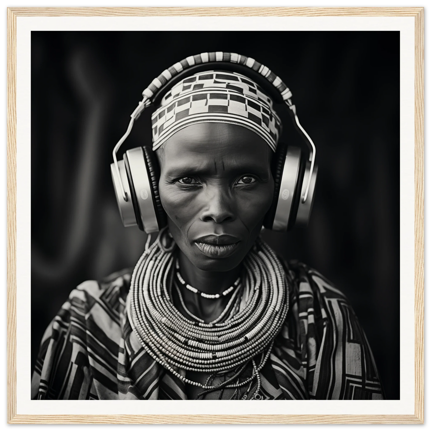 Striking black and white portrait blending tradition meets tech with Head사는Unity