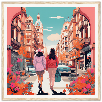 Two friends enjoying a day in the city, perfect for your Jazzed Urban Reverie wall art