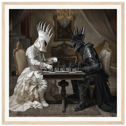 Two armored figures in black and white strategize in Kinship Checkmates Cosmos art