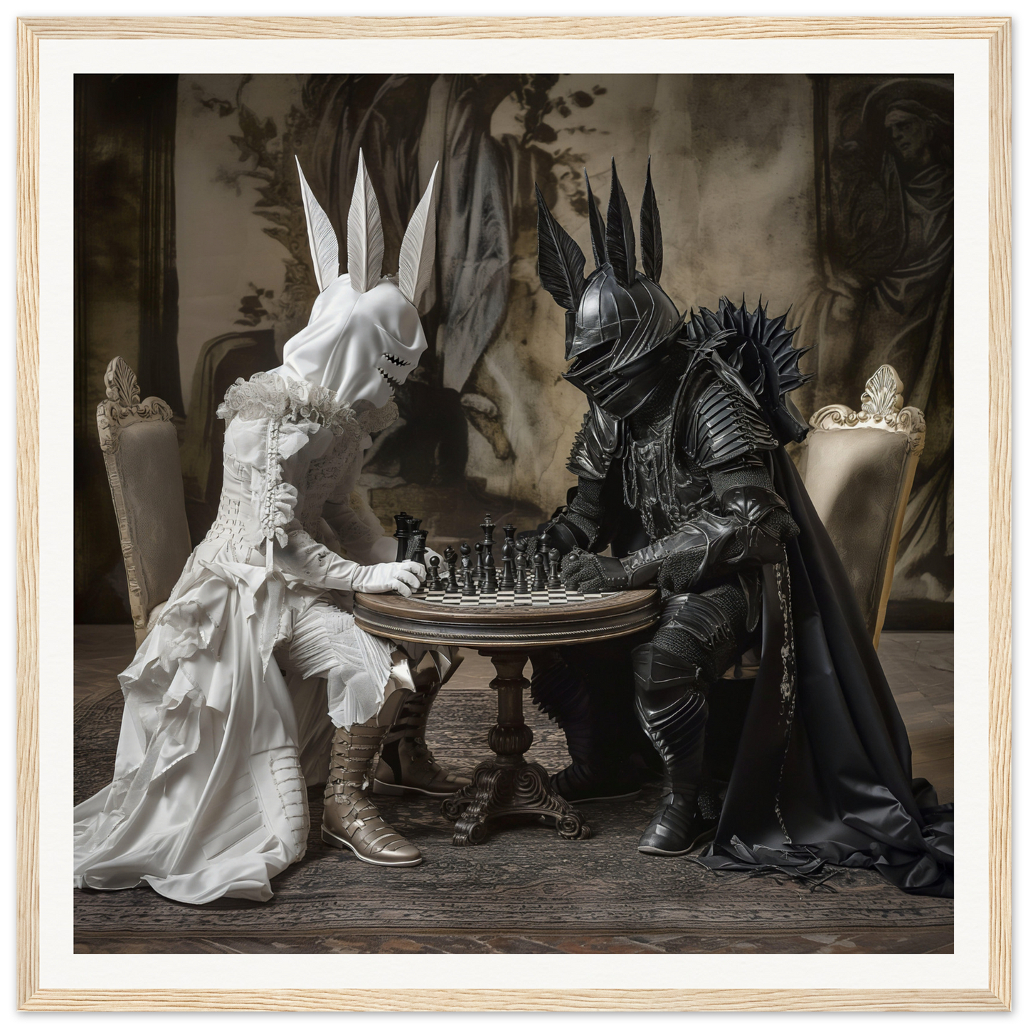 Two costumed figures in Knighted Dreamscapes playing chess at an ornate table