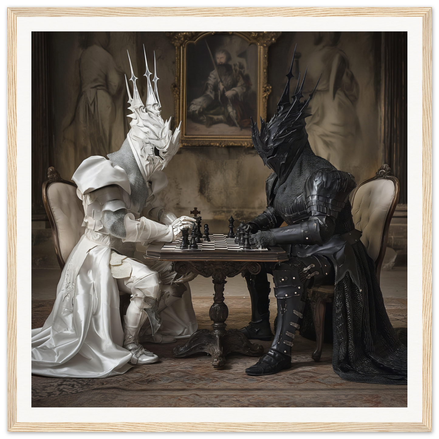 Two armored fantasy knights playing chess in Knights’ Cerebral Ballet framed posters