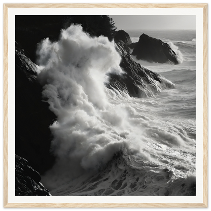 Powerful ocean waves crash against cliffs in the Livid Sea Symphony seascape framed poster