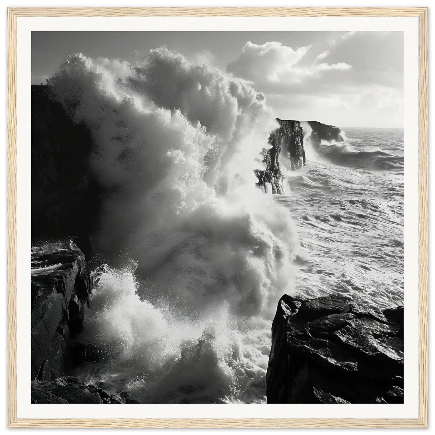 Majestic ocean waves crashing against dark cliffs in Majestic Tempest Dance artwork