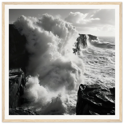 Majestic ocean waves crashing against dark cliffs in Majestic Tempest Dance artwork